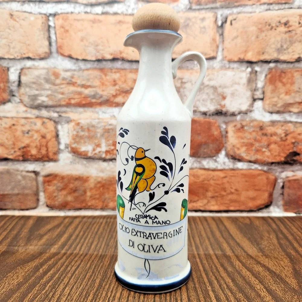 Hand Painted Italian Tuscany Olive Oil Cruet Bottle Cork Bird Pottery 8.5